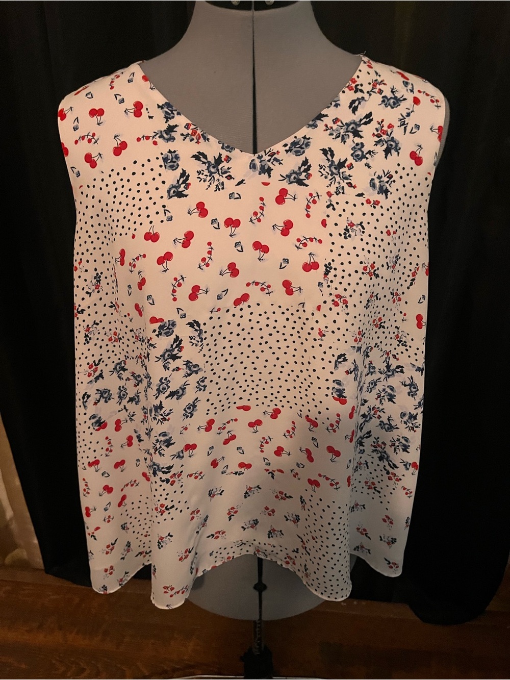 Cato Cream Tank Top with Red Cherry & Navy Floral Print